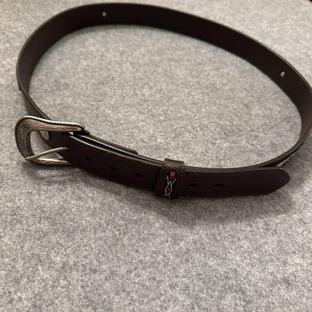 Western Leather Belt Mens 34 Brown Basketweave Southwestern Woven Inlay Buckle